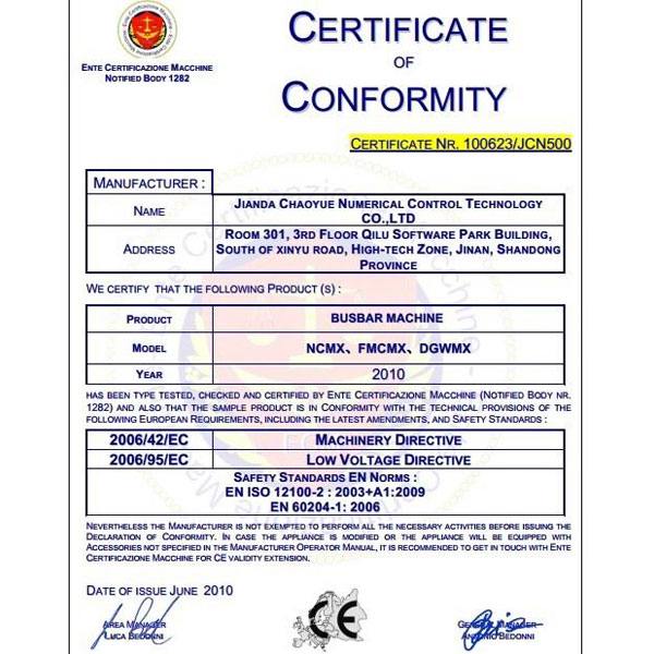 CE certificate: Busbar machine